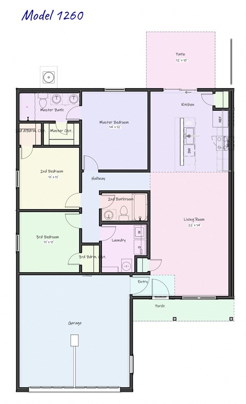 Floor plan for 3 beds, 2 baths, 1260 sqft